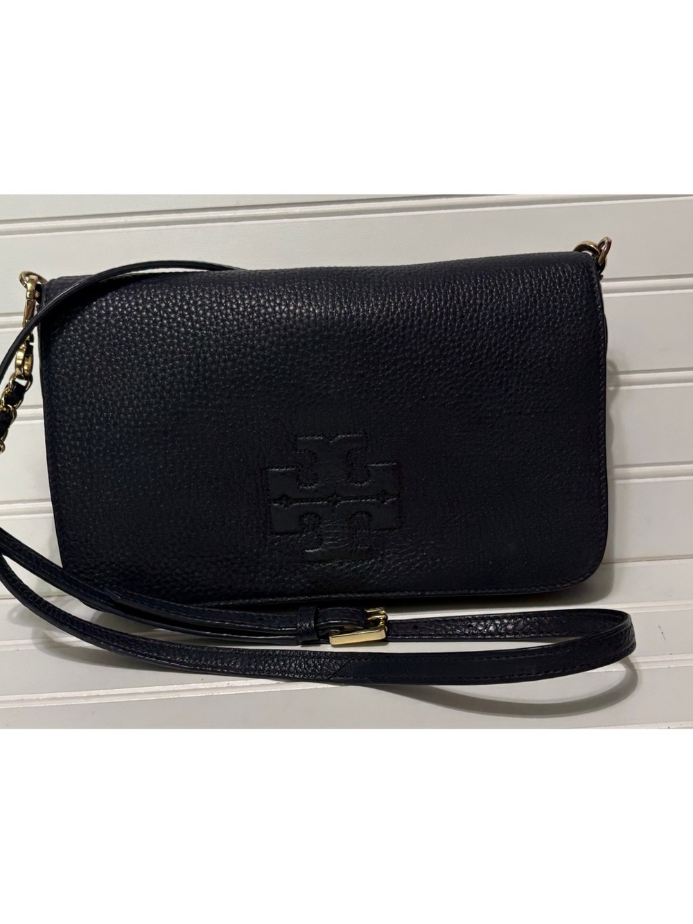 TORY BURCH Thea Navy Blue Leather Classic Chain Crossbody Shoulder Clutch Bag